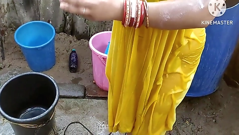 Indian House Wife Bathing Outside