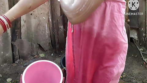 Indian House Wife Bathing Outside