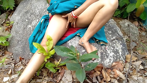 Indian Desi Girlfriend In Open Field Village Outdoor Sex In Forest On Rock