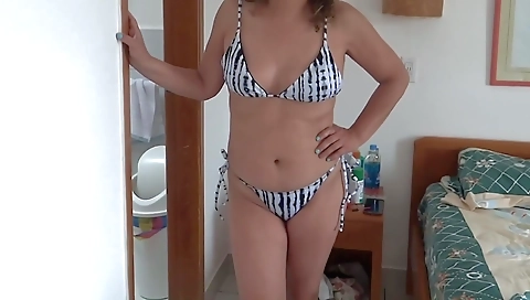 Beautiful Stepmother On The Beach Putting On A Bikini, Showing Off Looking For - Some Guy
